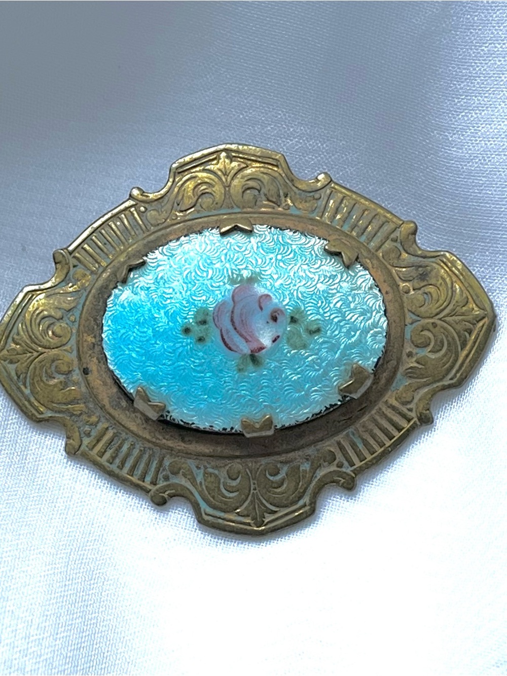 Antique French Guilloche Enamel Rose Brooch Brass Frame Edwardian Art Nouveau